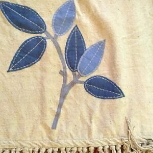 🌿 LEAF MOTIF Raw Silk MAIZE  Throw/CHAMBRAY Accent Color